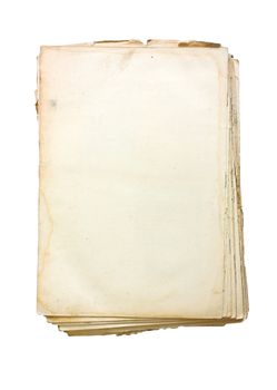 An old book with a crumpled sheet and hardcover isolated on white background