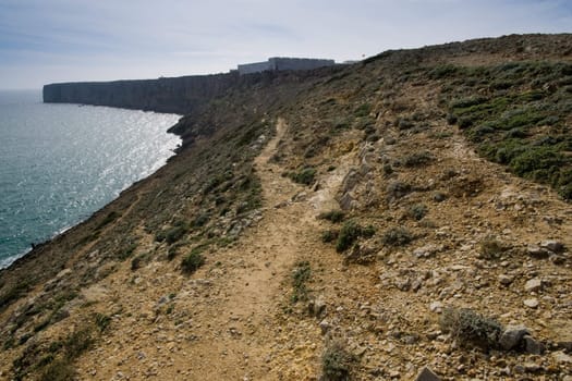 Looking down towards the Fort outside of Sagres, in the Algarve, Portugal.