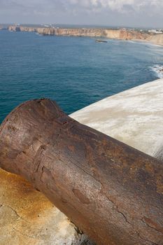 An old cannon which protects this fort from enemy ships.  Fortaleza de Sagres, Portugal