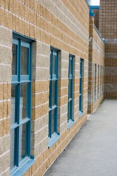 Vertical picture along a bricked school wall, with blue windows running it's length.