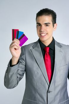 Businessman young with three credit cards in his hand