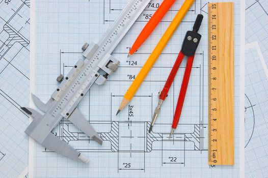 tools and mechanisms detail on the background of technical drawings