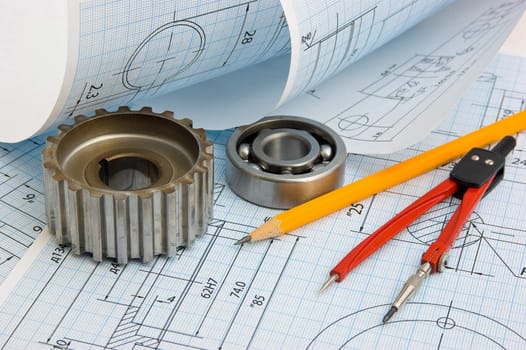 tools and mechanisms detail on the background of technical drawings