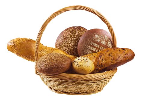 Basket of bread isolated on white background