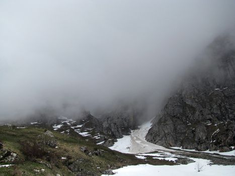 Mountains; rocks; relief; landscape; hill; panorama; caucasus; top; slope; ridge; snow; cool; clouds; sky; glacier