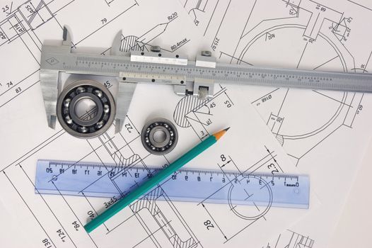 tools and mechanisms detail on the background of technical drawings