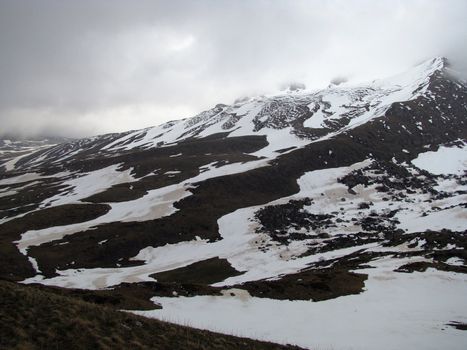 Mountains; rocks; relief; landscape; hill; panorama; caucasus; top; slope; ridge; snow; cool; clouds; sky; glacier; beauty