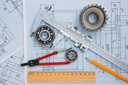 tools and mechanisms detail on the background of technical drawings