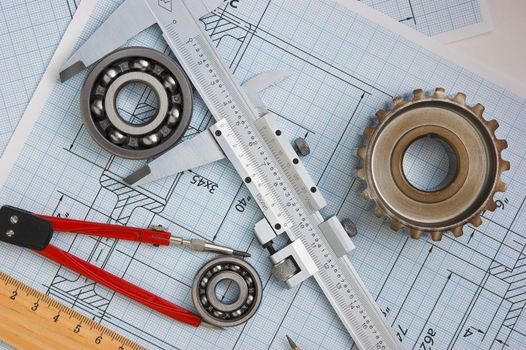 tools and mechanisms detail on the background of technical drawings