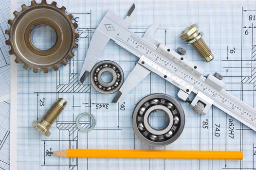 tools and mechanisms detail on the background of technical drawings