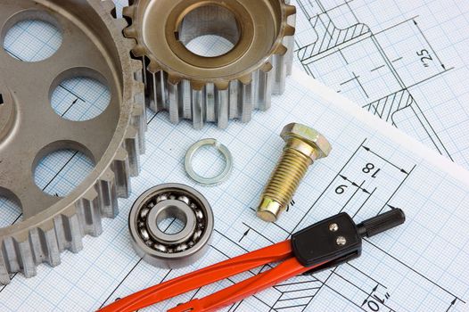 tools and mechanisms detail on the background of technical drawings