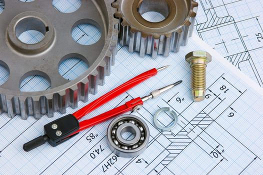 tools and mechanisms detail on the background of technical drawings