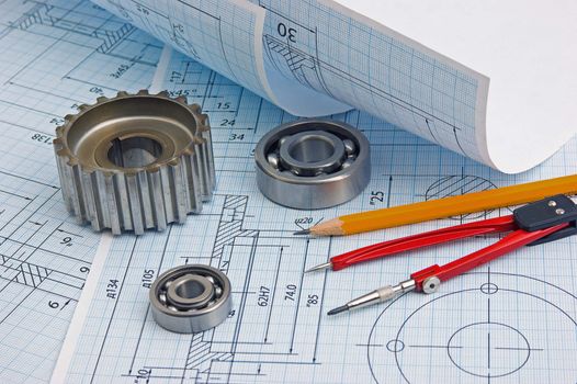 tools and mechanisms detail on the background of technical drawings