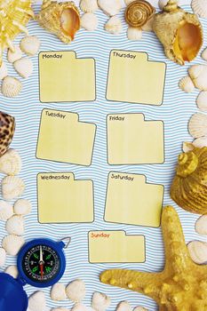 Calendar for the week is framed seashells