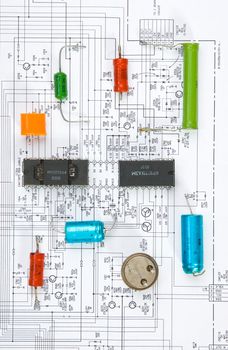 Radio components laid out on the electronic circuit