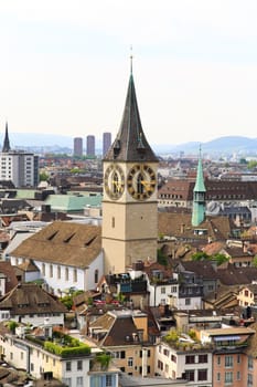 The aerial view of Zurich cityscape from the tower of famous Grossmunster Cathedral 