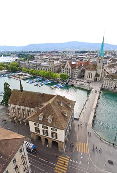 The aerial view of Zurich cityscape from the tower of famous Grossmunster Cathedral 