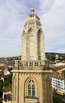 The aerial view of Zurich cityscape from the tower of famous Grossmunster Cathedral 