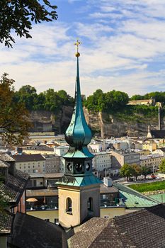 The aerial view of Salzburg City, Austria from Kapuziner Kloster