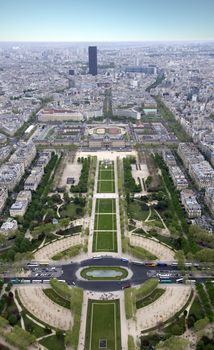 Paris from a height. Field of Mars. View from the Eiffel Tower.