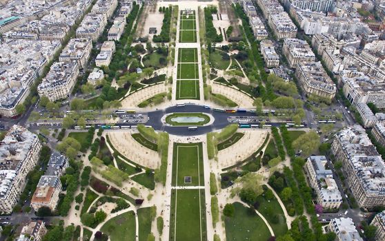 Paris from a height. Field of Mars. View from the Eiffel Tower.