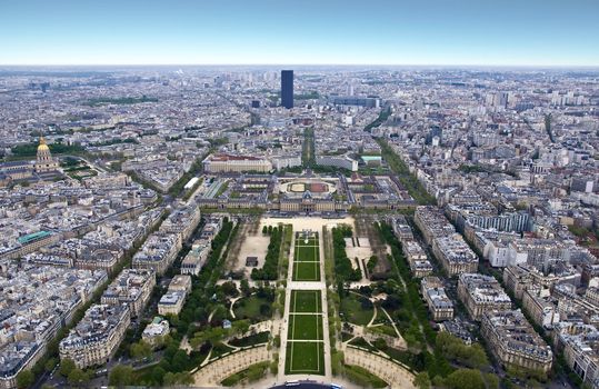 Paris from a height. Field of Mars. View from the Eiffel Tower.