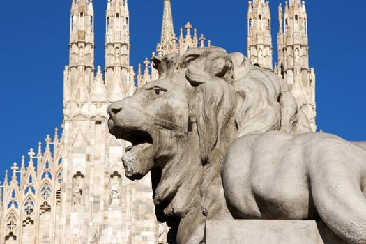 Stone lion from the basement of the monument to King Vittorio Emanuele the second in front of the gothic facade of Milan Cathedral in Piazza Duomo.