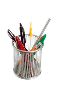 basket with pens and pencils isolated on a white background