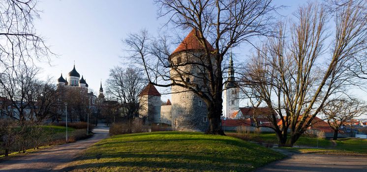 Capital of Estonia, Tallinn is famous for its World Heritage old town walls and cobbled streets. This panorama of the old town walls with Alexander Nevsky cathedral