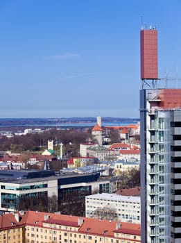 Capital of Estonia, Tallinn is famous for its World Heritage old town walls and cobbled streets. This view shows the Freedom glass cross