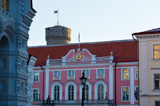 Center of government in the Parliament building with the reflection of the Alexander Nevsky cathedral in the windows