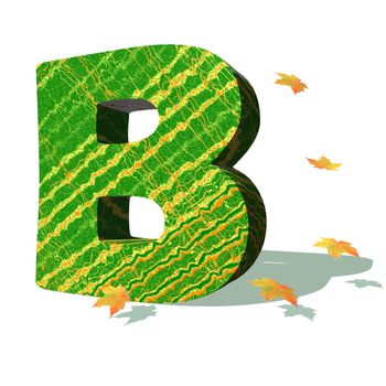Green ecological B capital letter surrounded by few autumn falling leaves in a white background with shadows