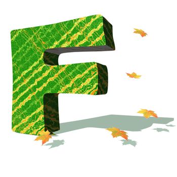 Green ecological F capital letter surrounded by few autumn falling leaves in a white background with shadows