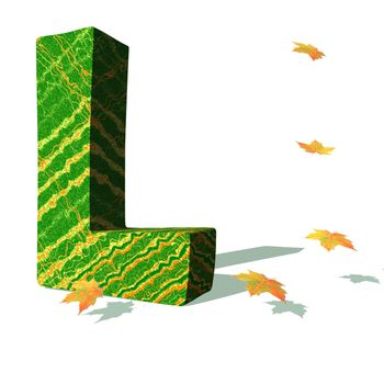 Green ecological L capital letter surrounded by few autumn falling leaves in a white background with shadows