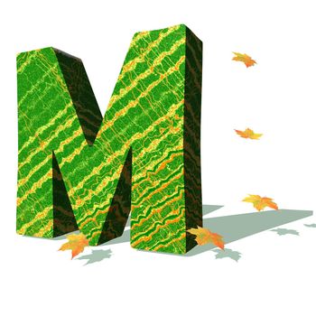 Green ecological M capital letter surrounded by few autumn falling leaves in a white background with shadows