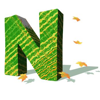 Green ecological N capital letter surrounded by few autumn falling leaves in a white background with shadows
