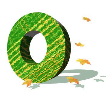 Green ecological O capital letter surrounded by few autumn falling leaves in a white background with shadows