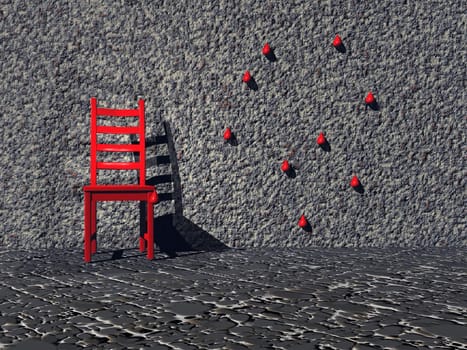 Red chair isolated in a grey room with one wall presenting red drops of blood