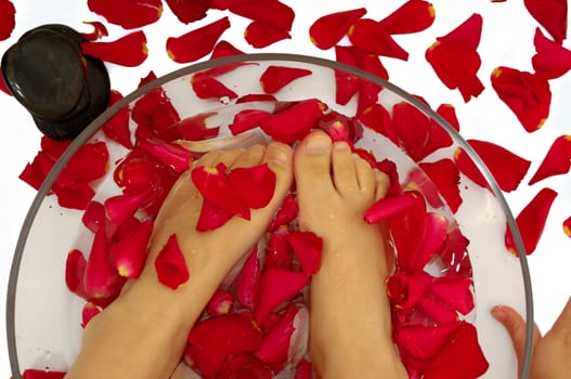 Feet of child in spa with rose pentals and stone