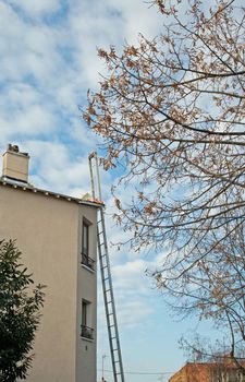 ladder against a wall to work on the roof