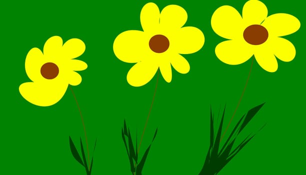 the three yellow flowers on green background