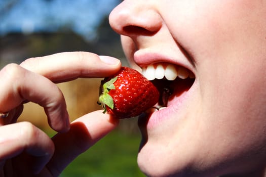 face of the beautiful woman eating a strawberry