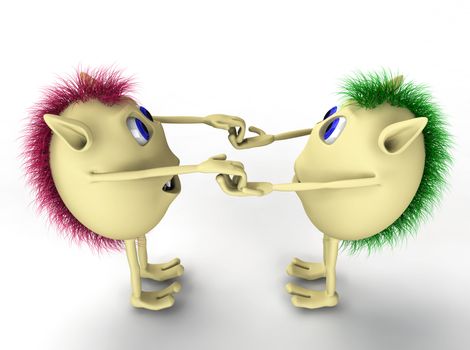 3d two character puppets holding each other hands