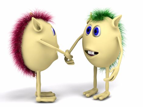 3d two funny character puppets shaking hands