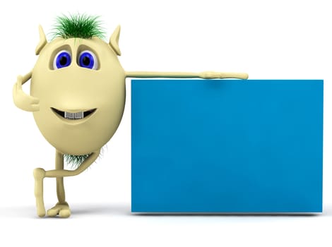 3d character with blank billboard isolated on white