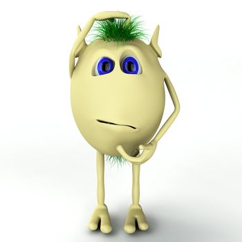 3d funny character puppet is thinking on white