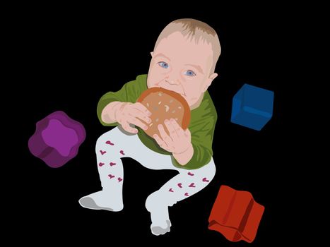Colorful vector illustration of the eating baby bread