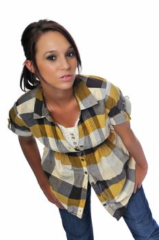 a young woman in casual clothing set against a white background