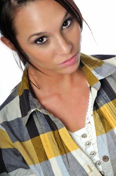 a young woman in casual clothing set against a white background