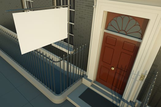 Old style house with blank sign at the door. 3D render.